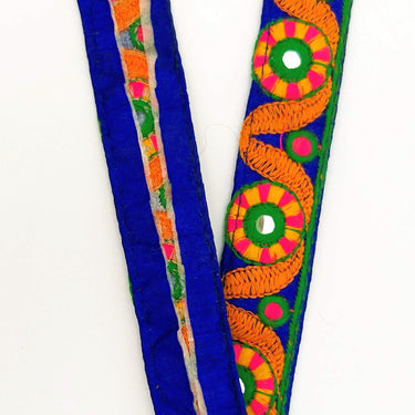 Royal Blue Mirrored Fabric Trim With Orange, Yellow, Green And Pink Embroidery